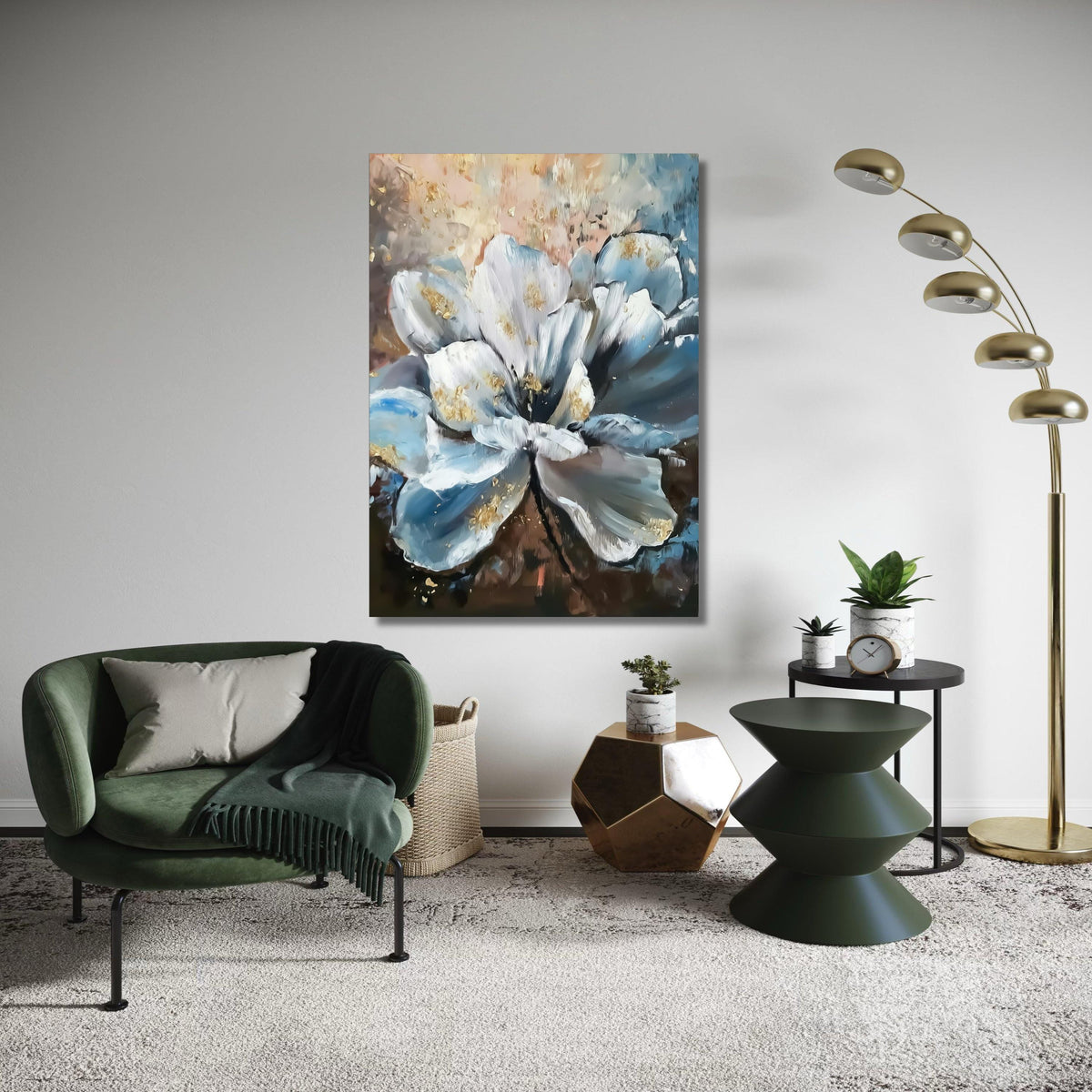 Abstract White Blue Flower Canvas, Petal Wall Art, Modern Floral Canvas Decoration, Elegant Home Decor Painting Gift Art, Home Decor