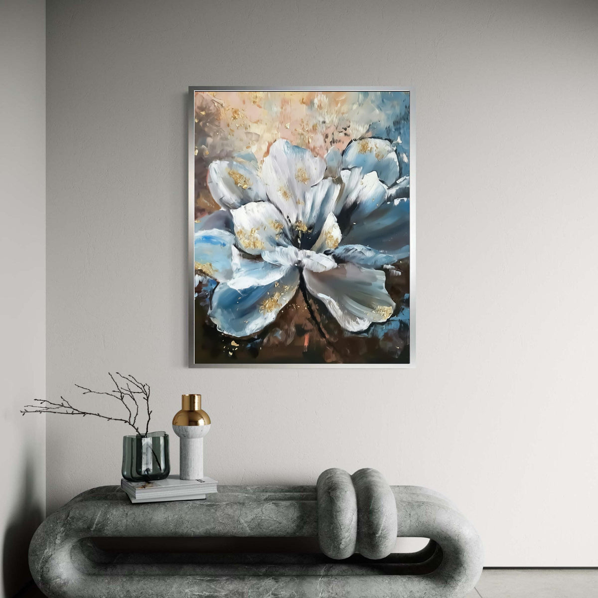 Abstract White Blue Flower Canvas, Petal Wall Art, Modern Floral Canvas Decoration, Elegant Home Decor Painting Gift Art, Home Decor