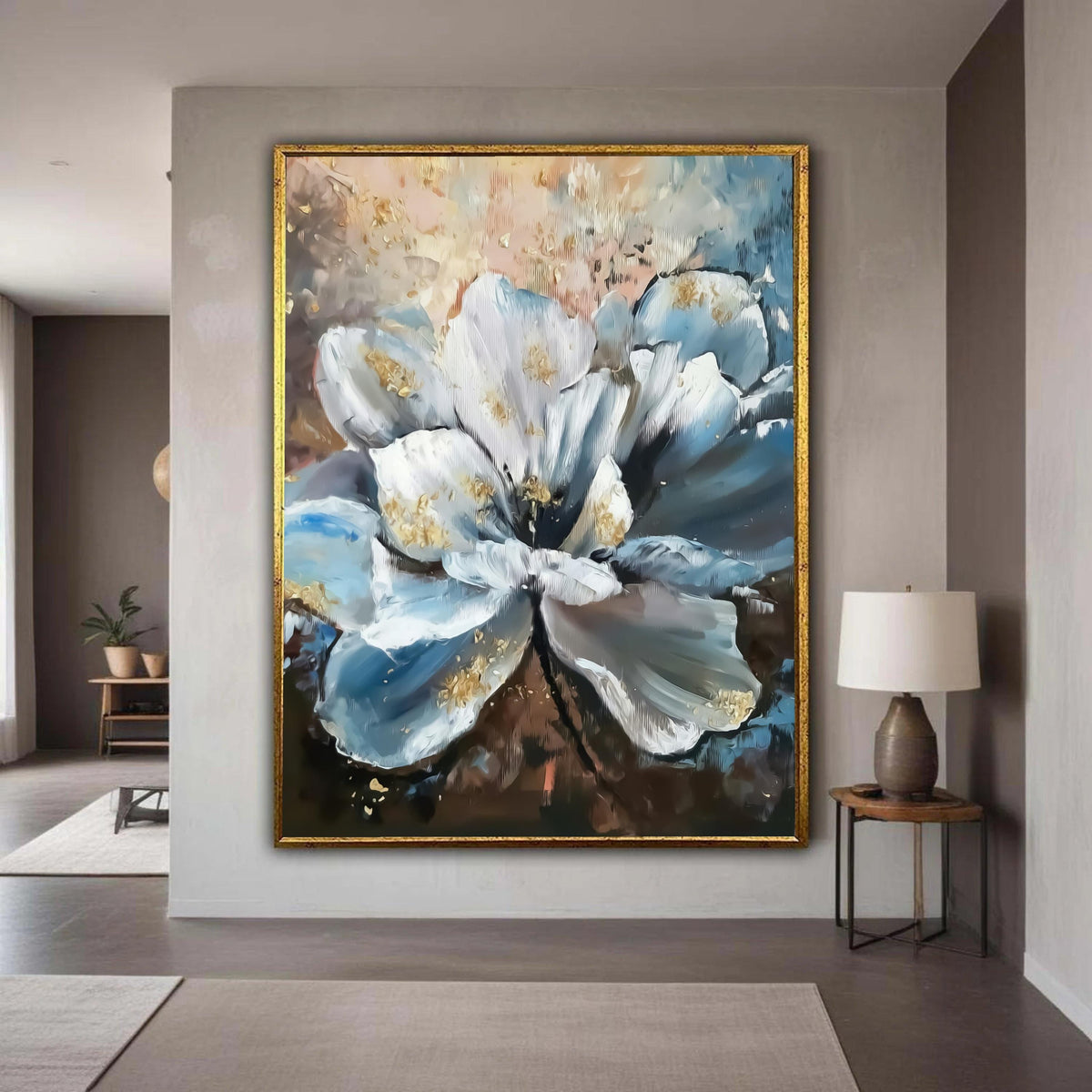 Abstract White Blue Flower Canvas, Petal Wall Art, Modern Floral Canvas Decoration, Elegant Home Decor Painting Gift Art, Home Decor
