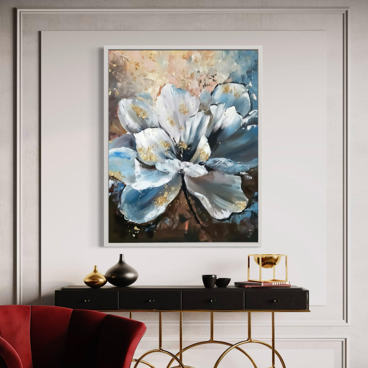 Abstract White Blue Flower Canvas, Petal Wall Art, Modern Floral Canvas Decoration, Elegant Home Decor Painting Gift Art, Home Decor