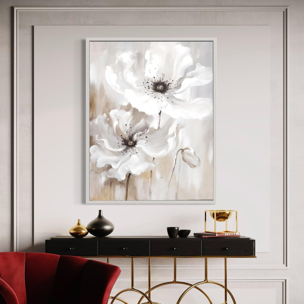 Soft White Poppies Canvas Wall Art, Elegant Floral Painting, Neutral Toned Flower Decor, Large Bloom Canvas, Modern Gift Art, Home Decor