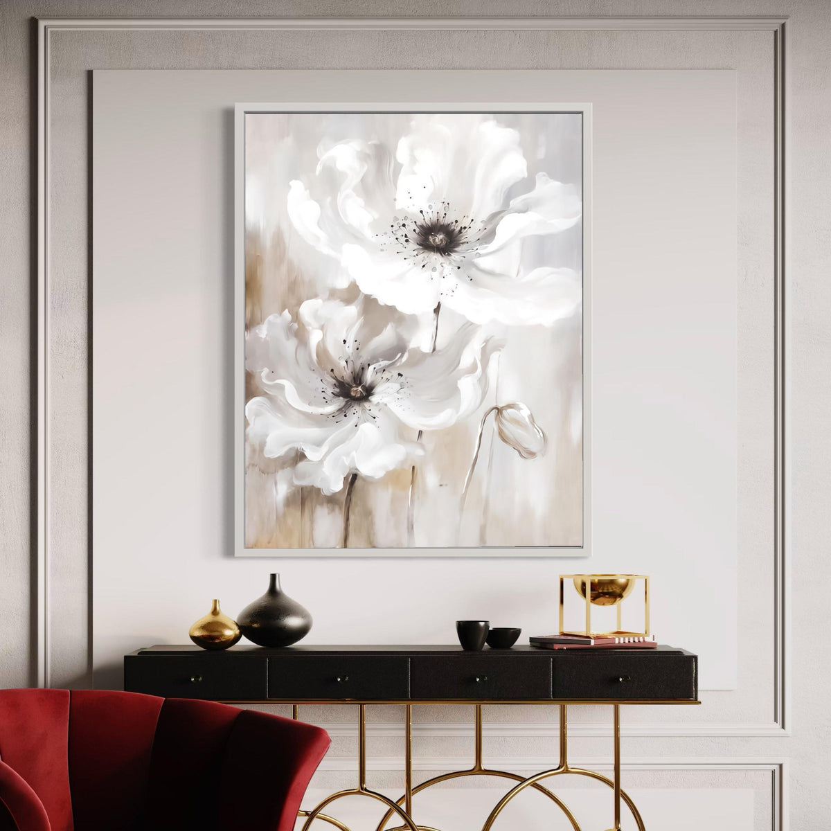 Soft White Poppies Canvas Wall Art, Elegant Floral Painting, Neutral Toned Flower Decor, Large Bloom Canvas, Modern Gift Art, Home Decor