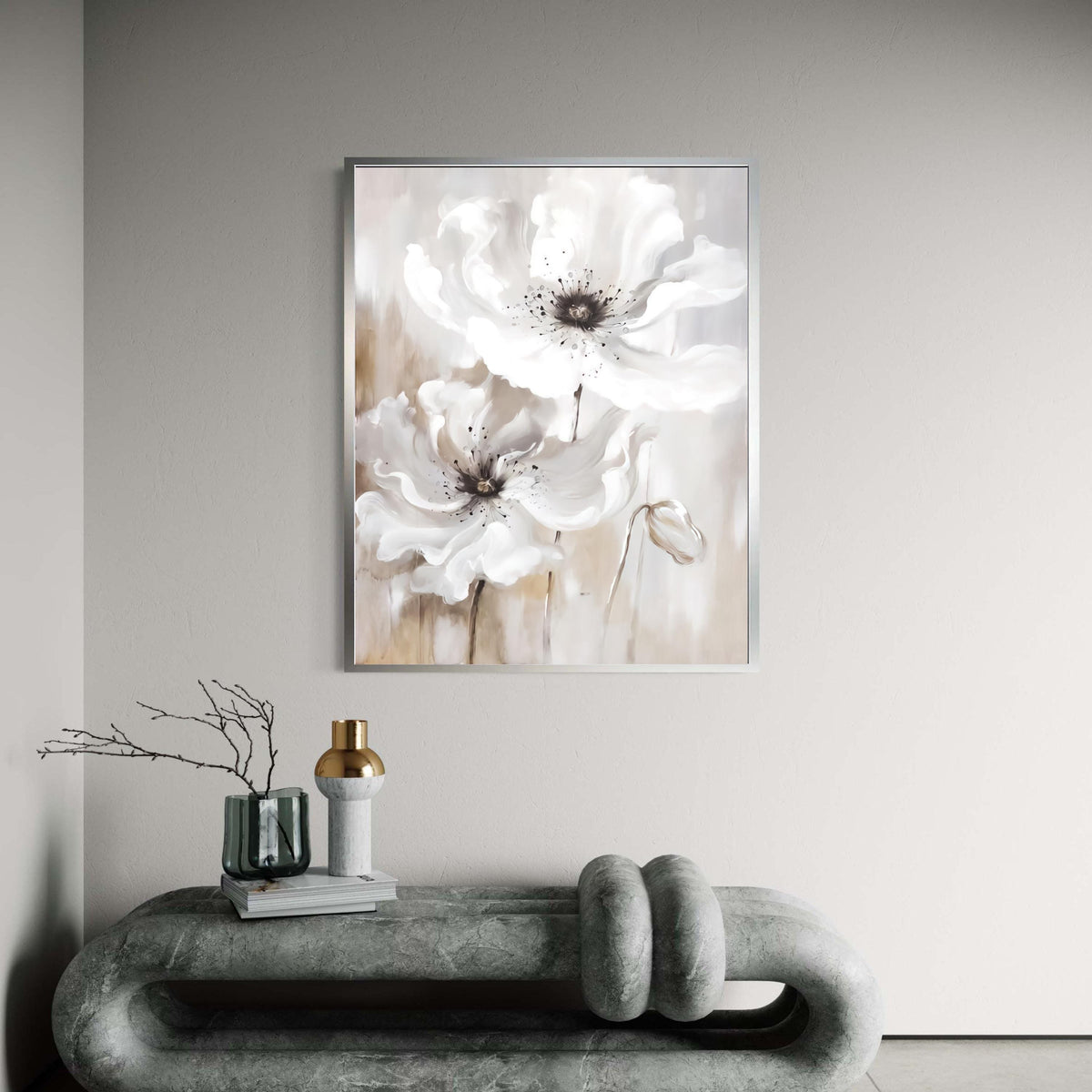 Soft White Poppies Canvas Wall Art, Elegant Floral Painting, Neutral Toned Flower Decor, Large Bloom Canvas, Modern Gift Art, Home Decor