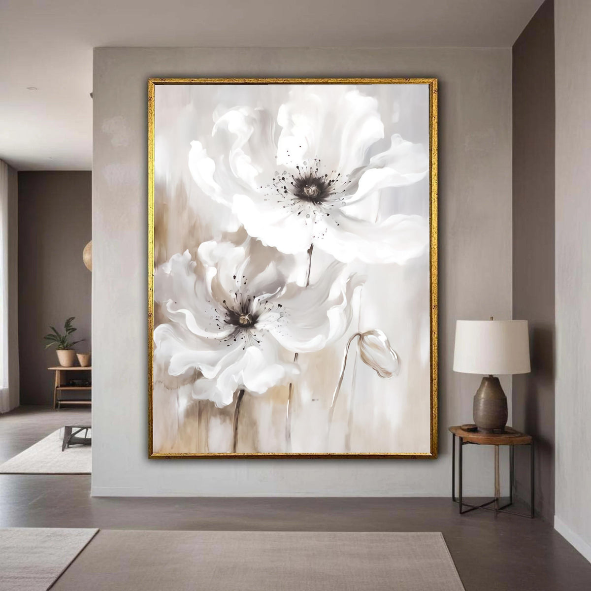 Soft White Poppies Canvas Wall Art, Elegant Floral Painting, Neutral Toned Flower Decor, Large Bloom Canvas, Modern Gift Art, Home Decor