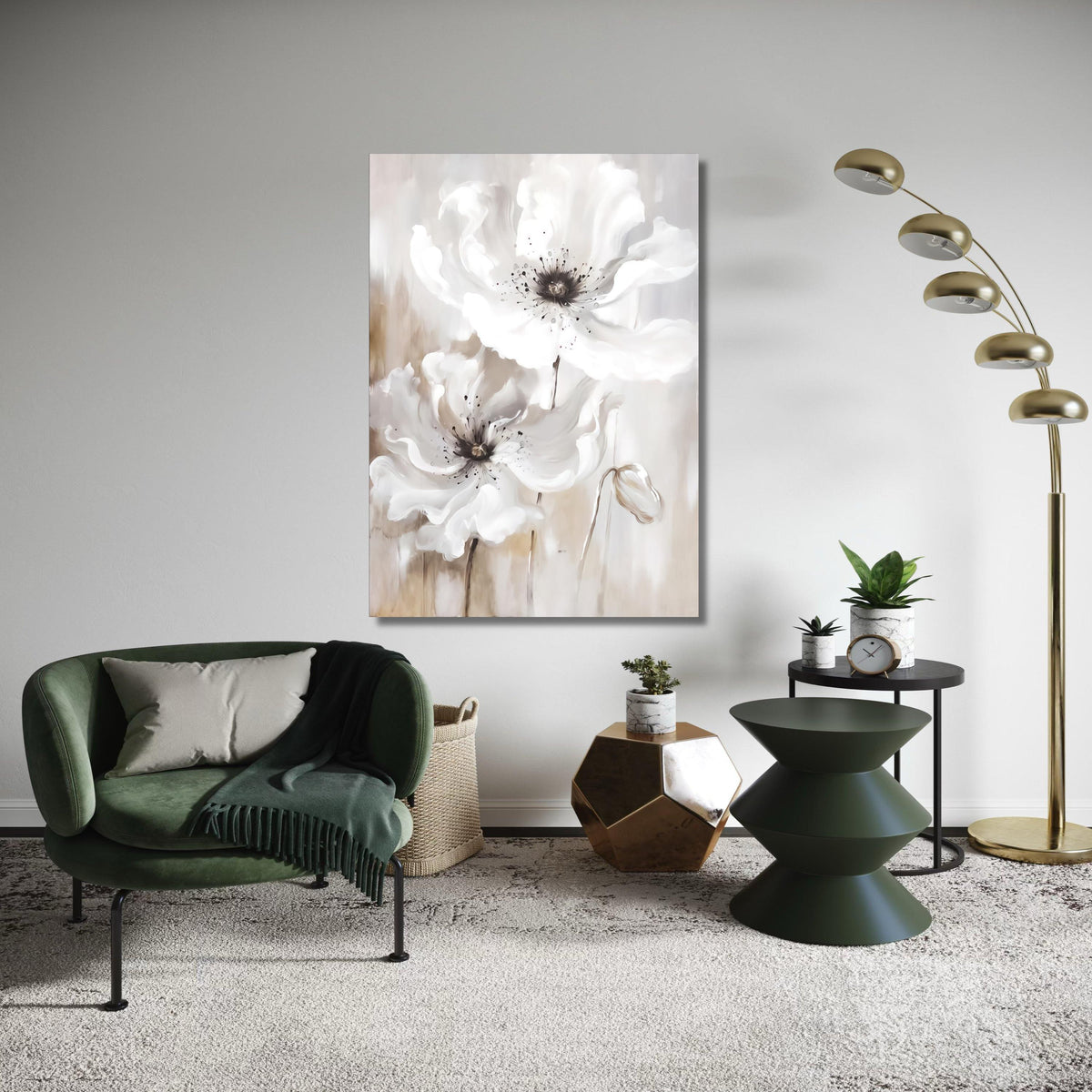 Soft White Poppies Canvas Wall Art, Elegant Floral Painting, Neutral Toned Flower Decor, Large Bloom Canvas, Modern Gift Art, Home Decor