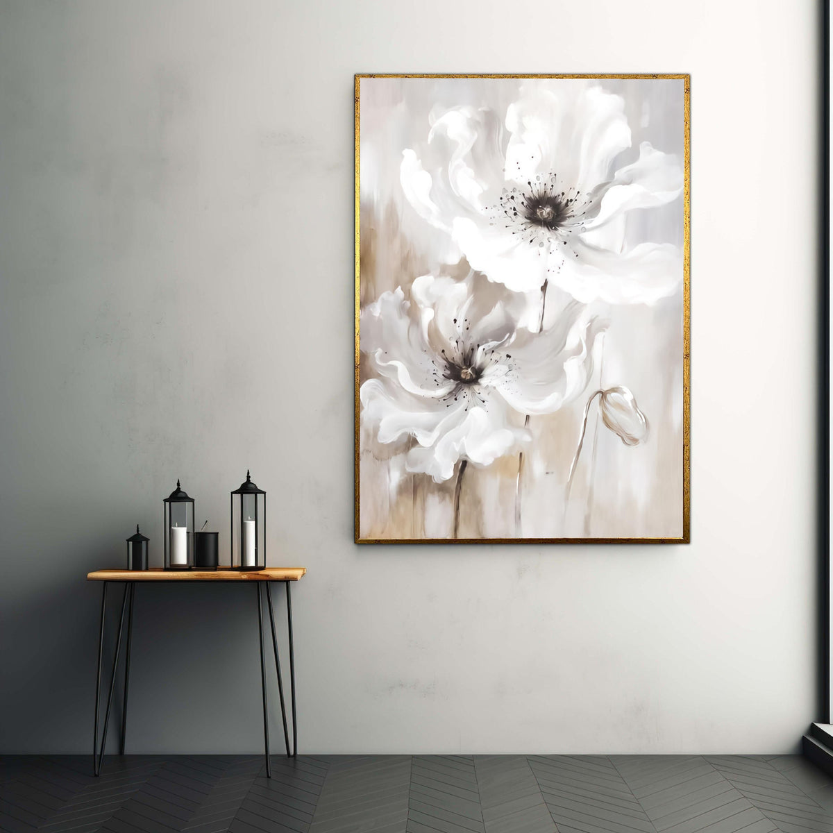 Soft White Poppies Canvas Wall Art, Elegant Floral Painting, Neutral Toned Flower Decor, Large Bloom Canvas, Modern Gift Art, Home Decor