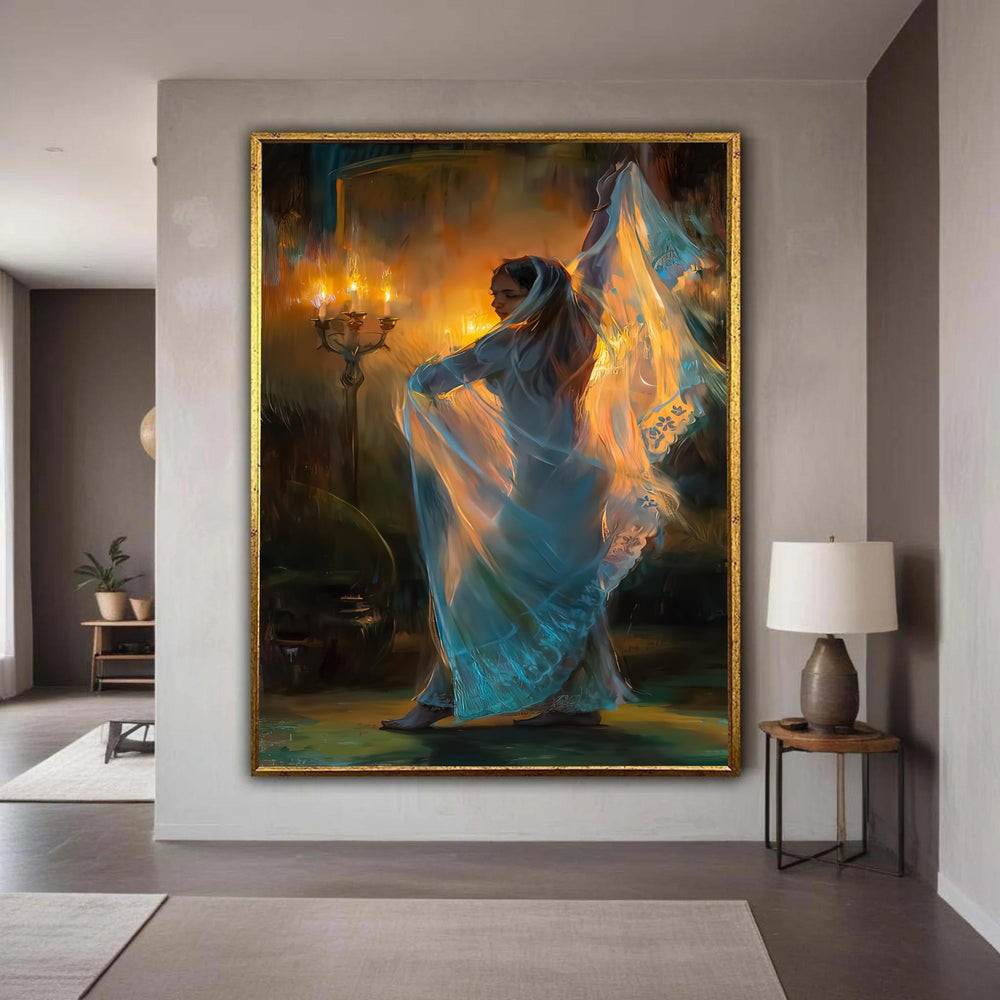 Elegant Veiled Woman Dance Canvas, Mystical Ethereal Glow Wall Art, Soft Fabric Movement, Candlelight Ambiance Home Gift Art, Home Decor