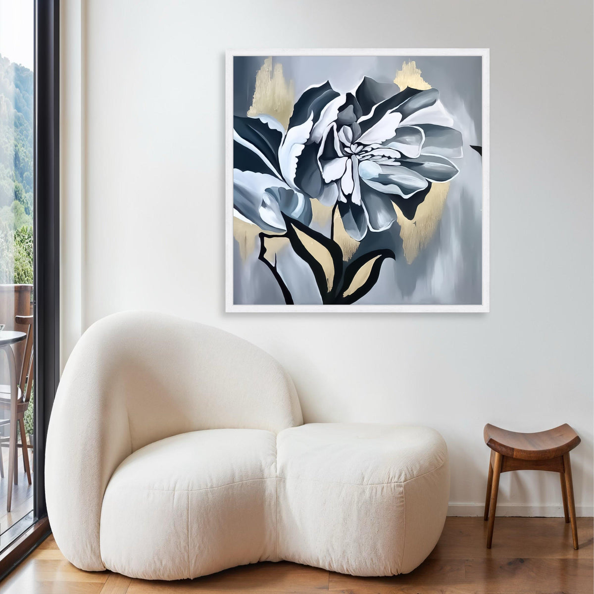 Elegant Monochrome Flower Canvas, Black White Floral Wall Art, Modern Botanical Canvas, Gold Accent Home Decor, Stylish Gift Art, Home Decor