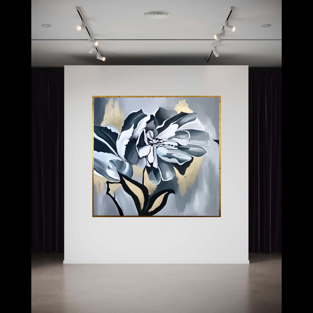 Elegant Monochrome Flower Canvas, Black White Floral Wall Art, Modern Botanical Canvas, Gold Accent Home Decor, Stylish Gift Art, Home Decor