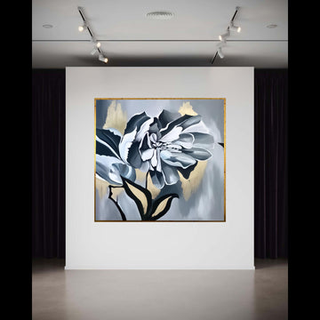 Elegant Monochrome Flower Canvas, Black White Floral Wall Art, Modern Botanical Canvas, Gold Accent Home Decor, Stylish Gift Art, Home Decor