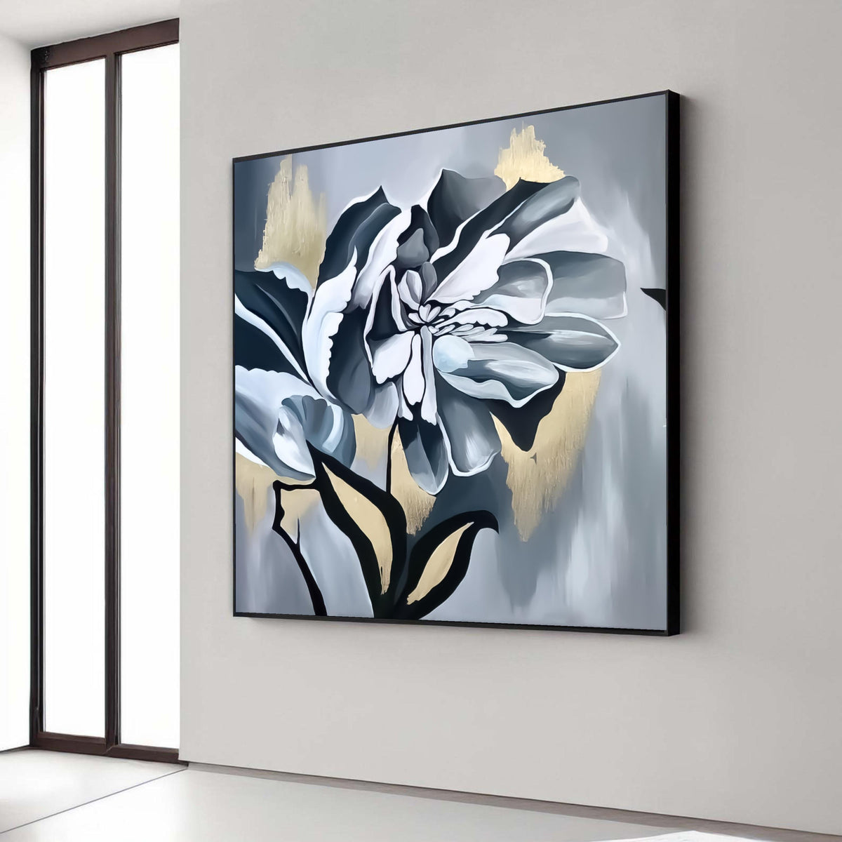 Elegant Monochrome Flower Canvas, Black White Floral Wall Art, Modern Botanical Canvas, Gold Accent Home Decor, Stylish Gift Art, Home Decor