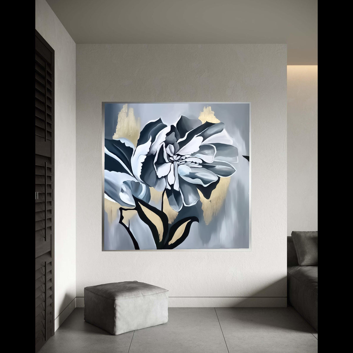 Elegant Monochrome Flower Canvas, Black White Floral Wall Art, Modern Botanical Canvas, Gold Accent Home Decor, Stylish Gift Art, Home Decor