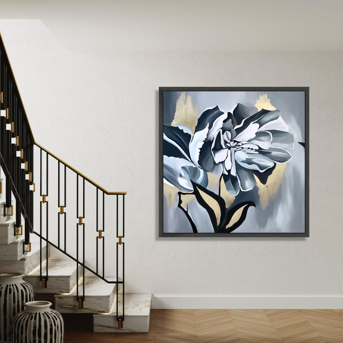 Elegant Monochrome Flower Canvas, Black White Floral Wall Art, Modern Botanical Canvas, Gold Accent Home Decor, Stylish Gift Art, Home Decor