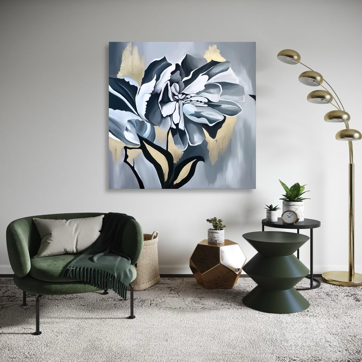 Elegant Monochrome Flower Canvas, Black White Floral Wall Art, Modern Botanical Canvas, Gold Accent Home Decor, Stylish Gift Art, Home Decor