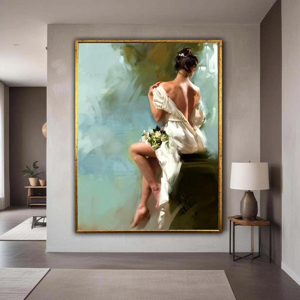 Elegant Woman in White Dress Canvas, Soft Pastel Bedroom Wall Art, Romantic Floral Bouquet, Feminine Home Decoration, Gift Art, Home Decor