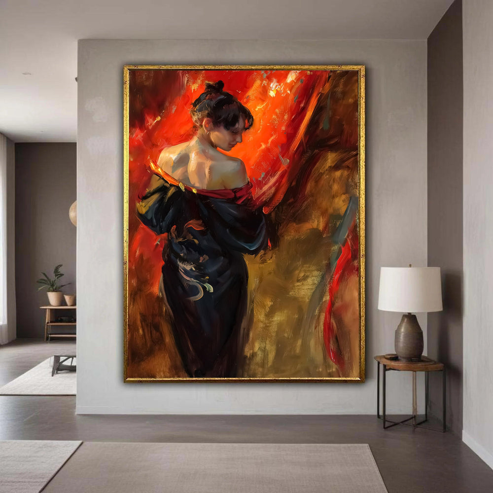 Elegant Geisha Woman Canvas Wall Art, Modern Oriental Painting, Asian Culture Decor, Red and Black Canvas, Artistic Gift Art, Home Decor