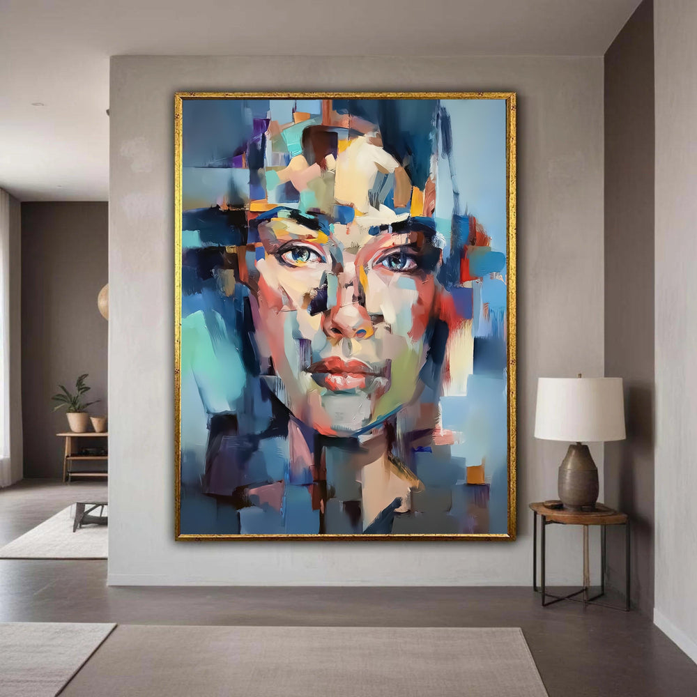 Abstract Female Portrait Canvas, Modern Face Art, Colorful Geometric Wall Art, Contemporary Expressionism Canvas, Gift Art, Home Decor