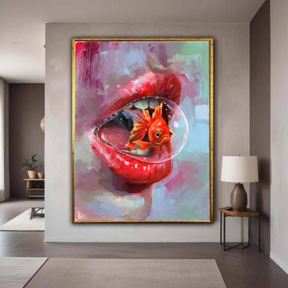 Surreal Fish Bubble in Mouth Canvas, Red Lips Wall Art, Modern Abstract Canvas, Unique Home Decoration, Vibrant Gift Art, Home Decor