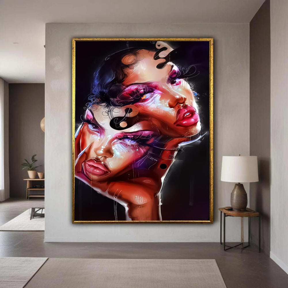Abstract Dual Faces Canvas Wall Art, Modern Surreal Portrait, Colorful Expressionist Artwork, Contemporary Home Decor, Gift Art, Home Decor