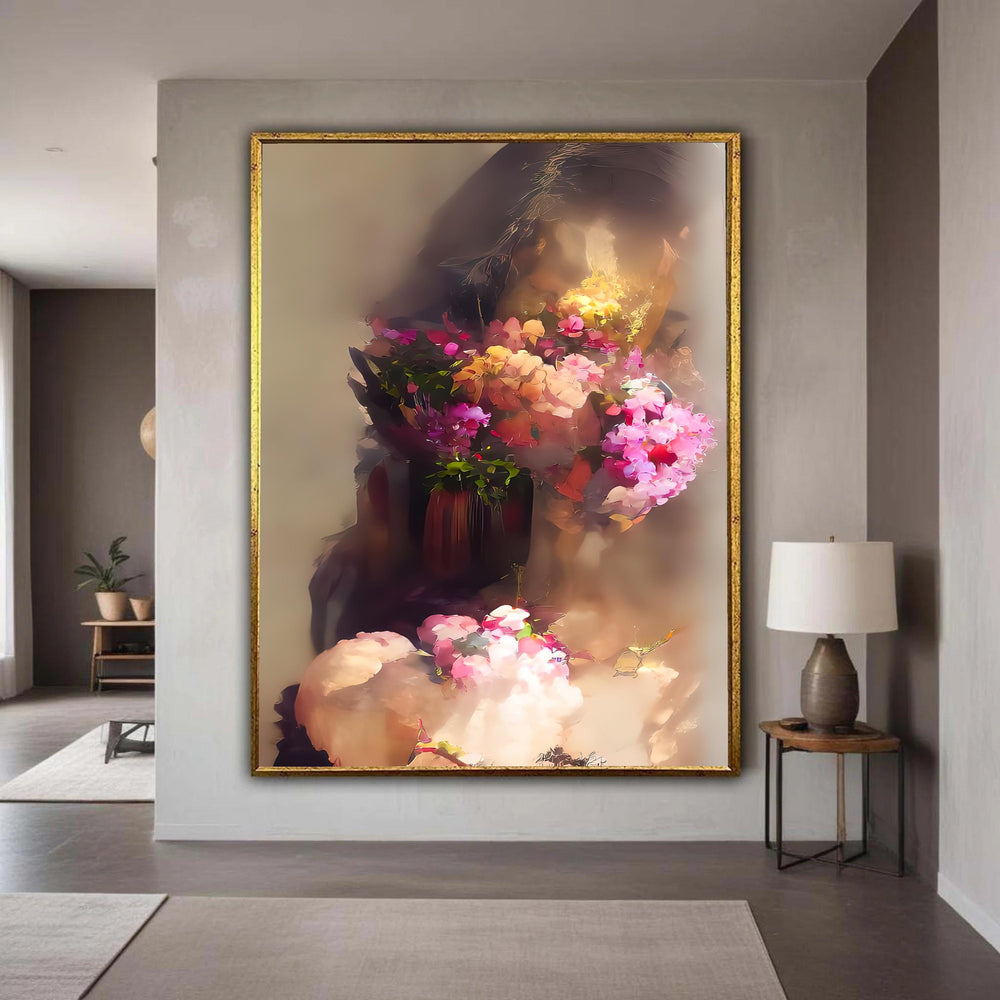 Abstract Floral Portrait Canvas, Soft Romantic Wall Art, Woman with Flowers Painting, Elegant Home Decoration, Gift Art, Home Decor