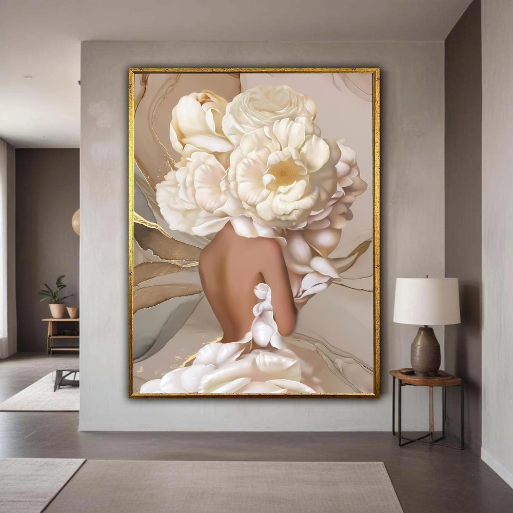 Elegant Nude Woman with White Flowers Canvas, Feminine Floral Art, Soft Pastel Wall Decor, Modern Botanical Canvas, Gift Art, Home Decor