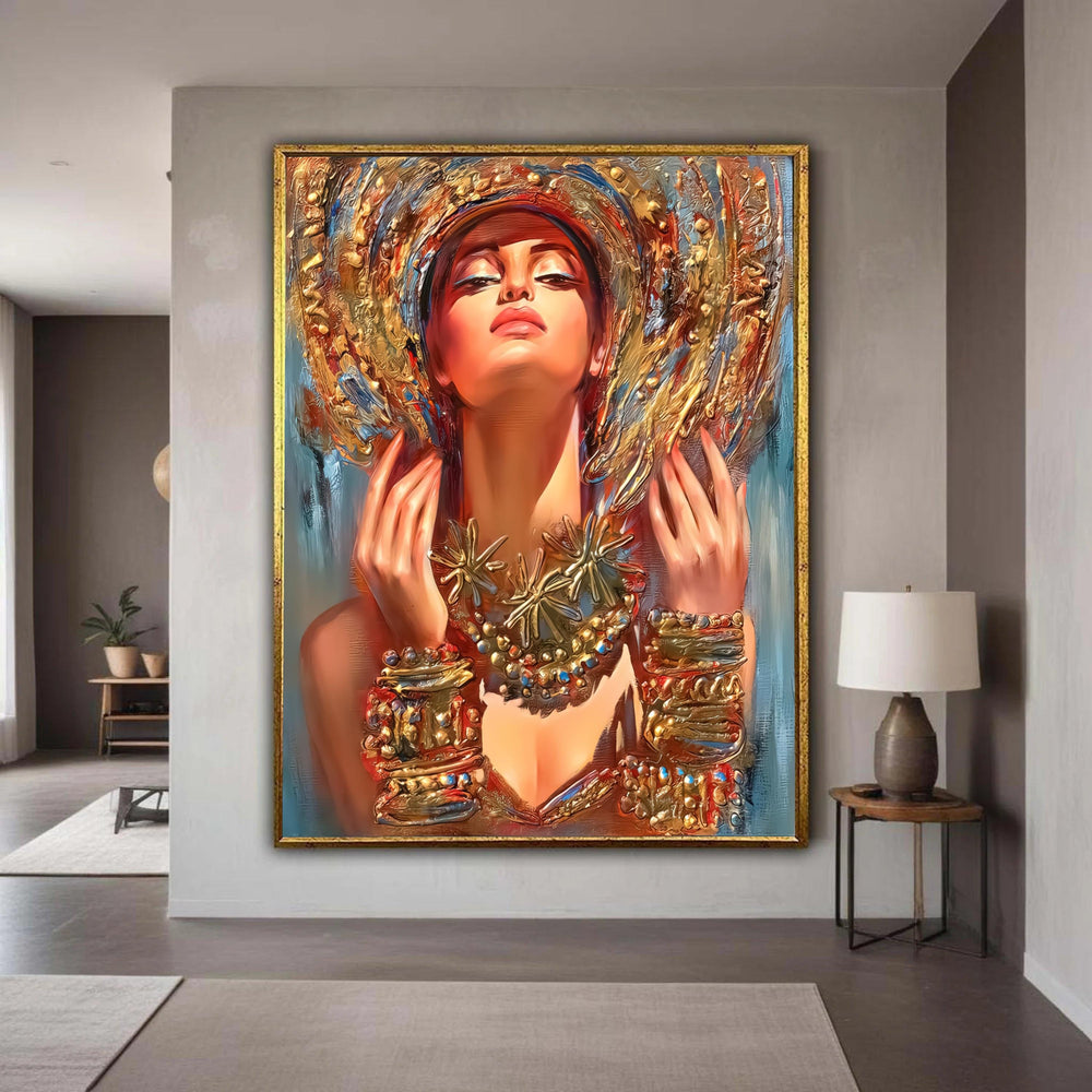 Elegant Woman Portrait Canvas, Gold Jewelry Wall Art, Fashion Illustration, Glamorous Lady Canvas, Artistic Home Decor, Gift Art, Home Decor