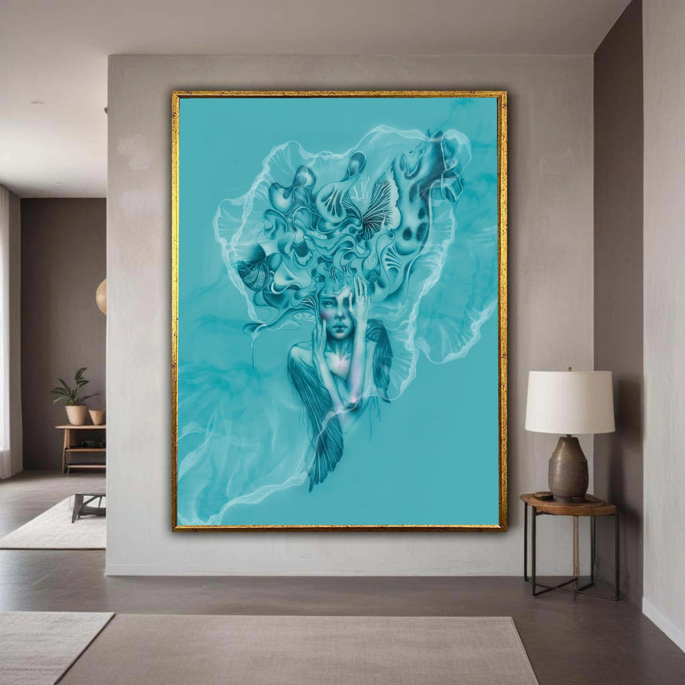 Surreal Blue Woman Portrait Canvas, Abstract Facial Art, Fluid Shapes Wall Art, Modern Home Decoration, Dreamy Gift Art, Home Decor