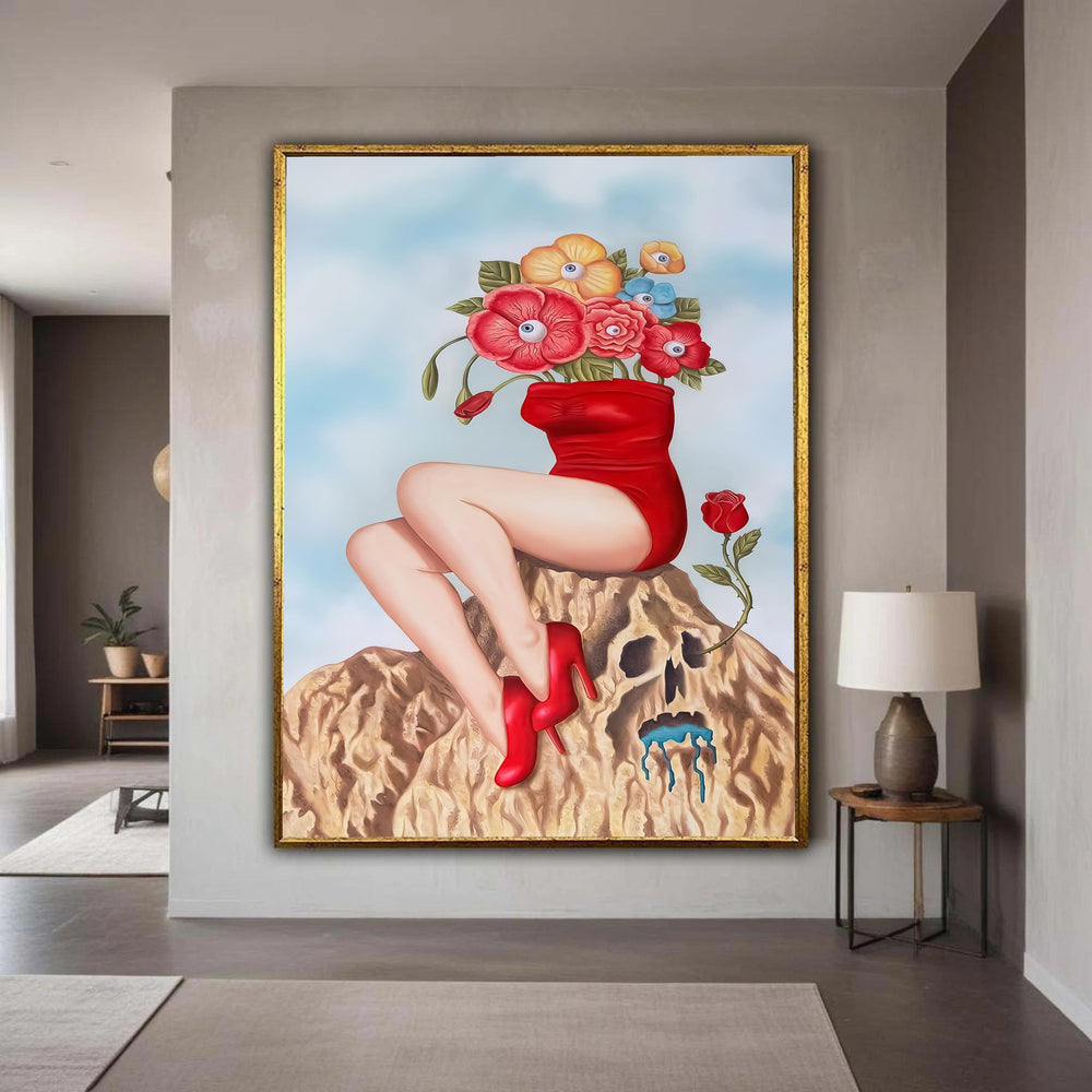 Surreal Floral Head Canvas, Woman Legs Sitting on Skull Art, Red Dress and Heels Wall Decoration, Modern Abstract Gift Art, Home Decor
