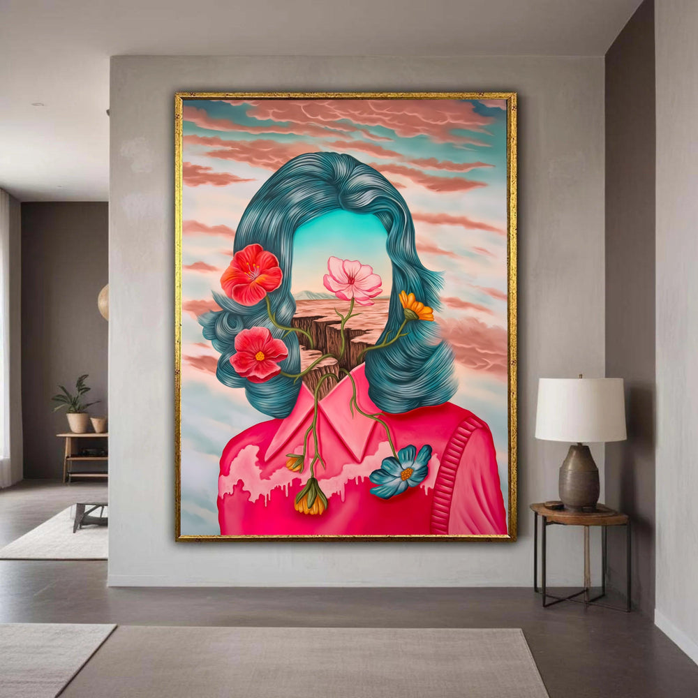 Surreal Floral Portrait Canvas, Abstract Female Figure Wall Art, Colorful Blooming Flowers, Modern Artistic Canvas, Gift Art, Home Decor