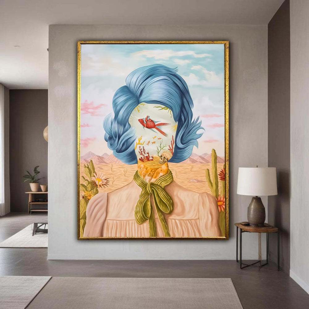 Surreal Faceless Woman Canvas, Blue Hair Portrait, Desert Landscape Wall Art, Abstract Art Print, Mystical Home Gift Art, Home Decor