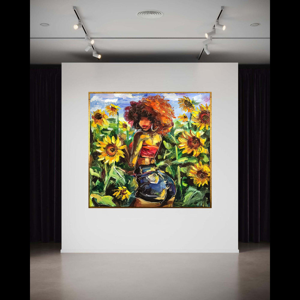 Vibrant Afro Woman in Sunflower Field, Colorful Summer Canvas, Modern Art Print, Floral Nature Wall Art, Boho Home Gift Art, Home Decor