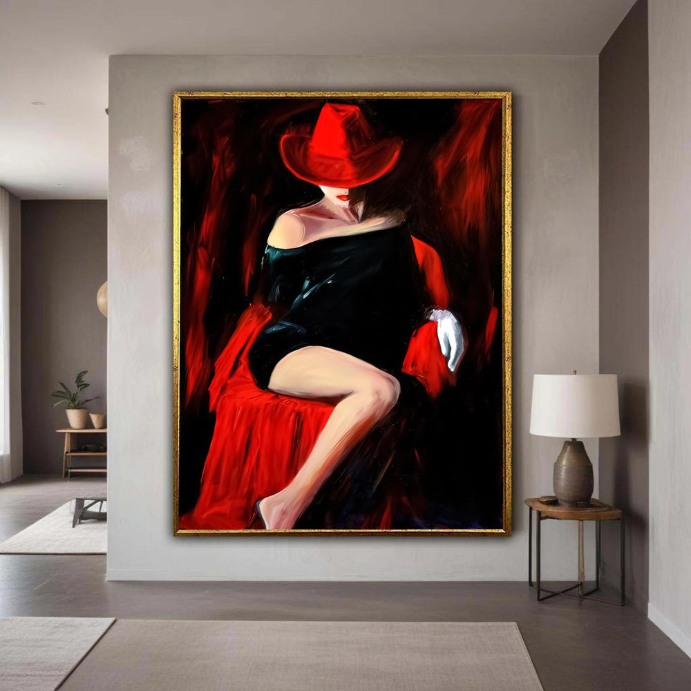 Elegant Lady in Red Hat Canvas, Sexy Black Dress Woman Art, Modern Fashion Wall Decor, Glamour Portrait Canvas, Chic Gift Art, Home Decor