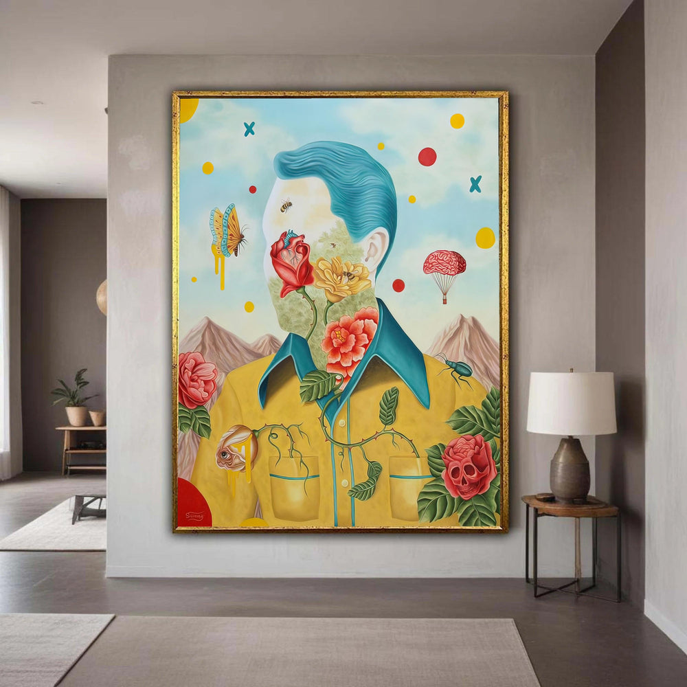 Surreal Floral Portrait Canvas, Abstract Botanical Face Art, Modern Psychedelic Wall Decor, Nature and Human Fusion Gift Art, Home Decor