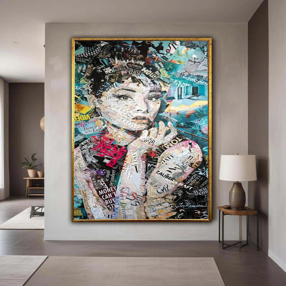 Audrey Hepburn Collage Portrait Canvas, Vintage Pop Art Wall Decor, Celebrity Icon Canvas, Fashion Magazine Style Gift Art, Home Decor