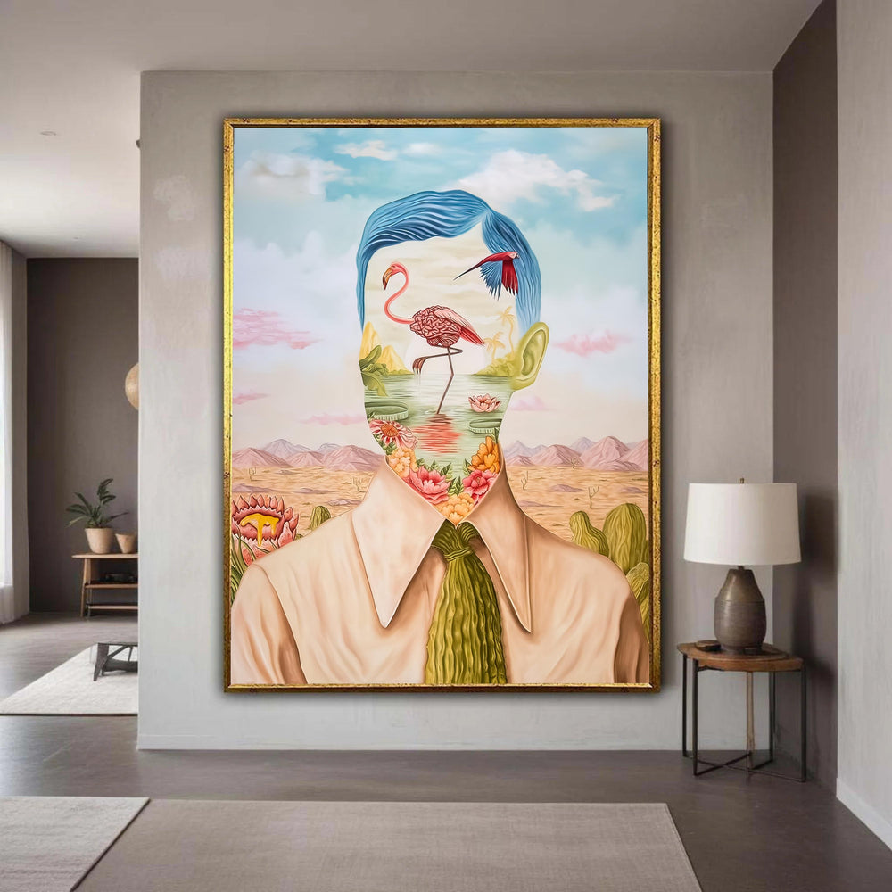 Surreal Portrait Canvas Wall Art, Flamingo and Flowers, Fantasy Landscape Painting, Modern Decorative Canvas, Unique Gift Art, Home Decor