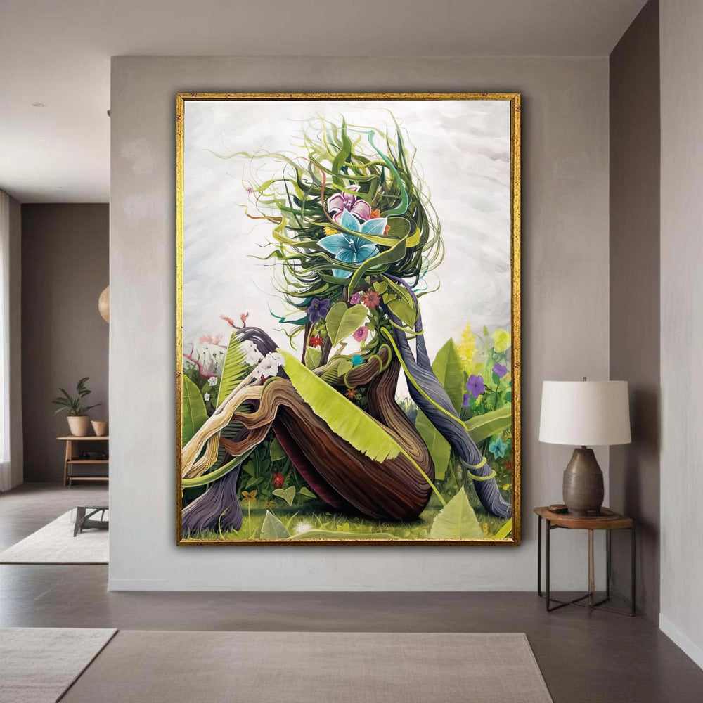 Abstract Nature Woman, Floral Figure Canvas Art, Greenery and Leaves Wall Decoration, Botanical Impression Canvas, Gift Art, Home Decor
