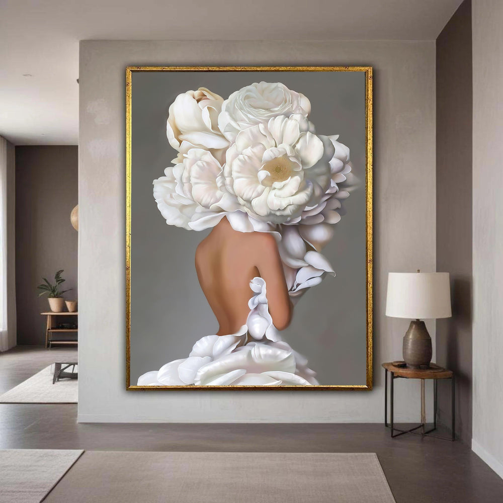 Elegant Woman Floral Silhouette Canvas, White Peony Dress Wall Art, Modern Feminine Decor, Soft Pastel Flower Canvas, Gift Art, Home Decor
