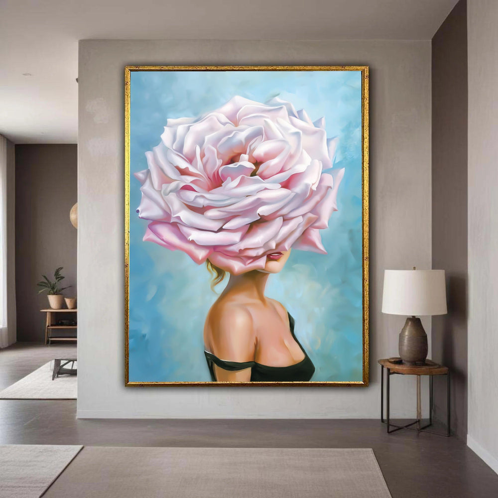 Surreal Woman with Giant Pink Rose Headpiece, Modern Floral Canvas Wall Art, Feminine Abstract Portrait, Home Gift Art, Home Decor