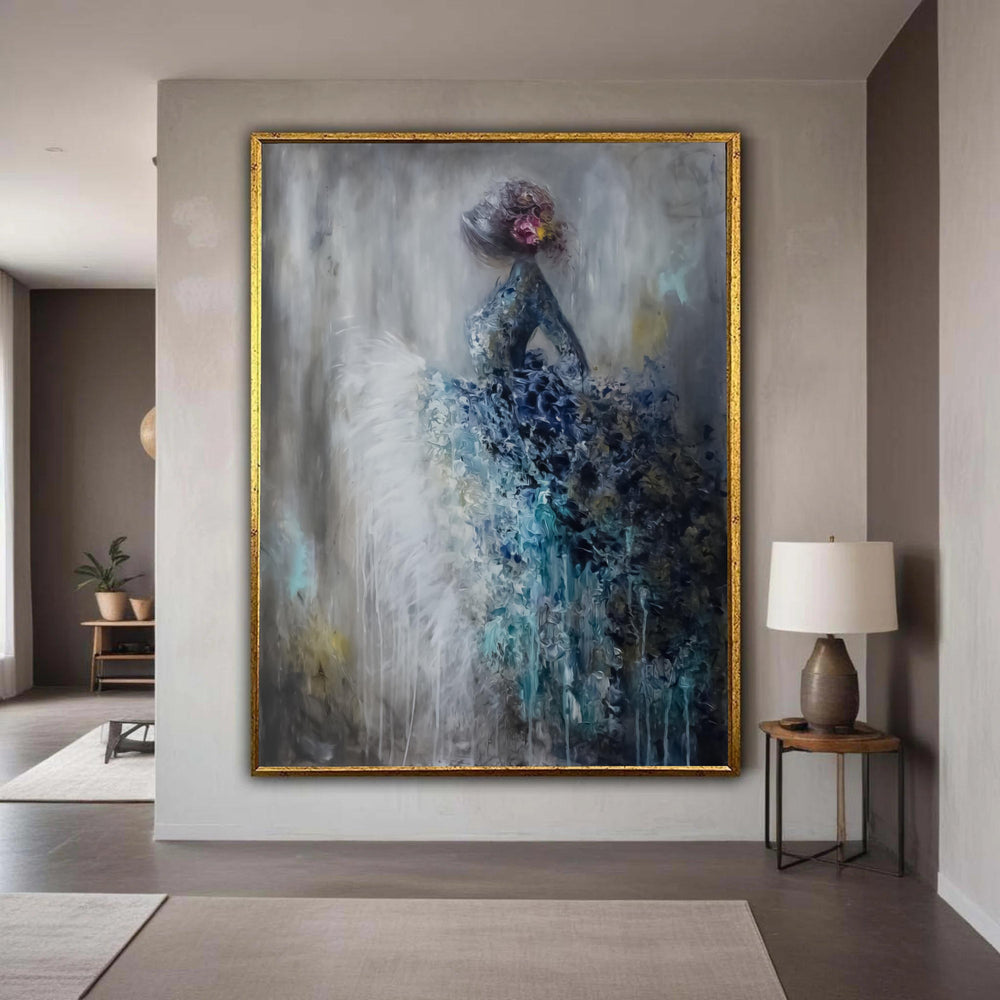Abstract Elegant Woman Canvas, Blue Dress Wall Art, Modern Figurative Painting, Contemporary Home Decor Canvas, Ready Gift Art, Home Decor