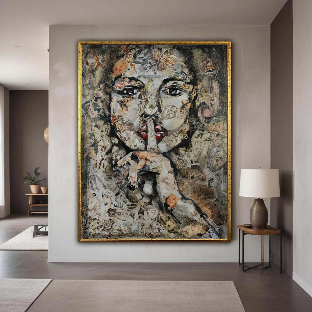 Mysterious Woman Face Collage, Vintage Artistic Portrait Canvas, Abstract Mixed Media Wall Art, Secret Silent Gesture Gift Art, Home Decor