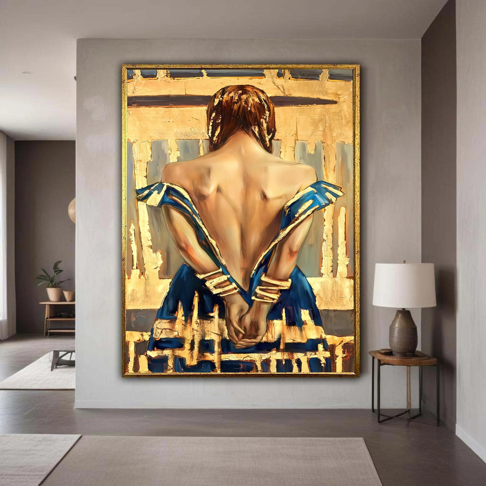 Elegant Woman Back View Canvas, Blue Gold Dress Wall Art, Modern Figurative Painting, Glamorous Female Portrait Canvas, Gift Art, Home Decor
