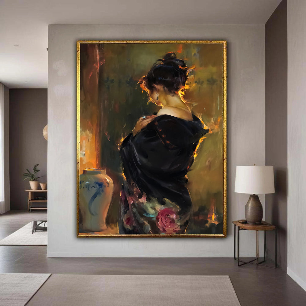 Elegant Woman in Black Kimono Canvas, Vintage Asian Portrait Art, Floral Dress Painting, Classic Wall Décor, Soft Glow Gift Art, Home Decor