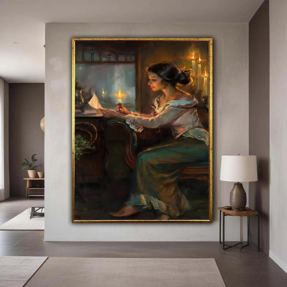Romantic Vintage Woman Reading by Candlelight Canvas, Classic Interior Wall Art, Historical Scene Canvas, Elegant Home Gift Art, Home Decor