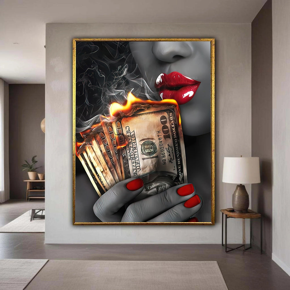 Fiery Money Flames, Burning Cash Canvas Wall Art, Red Lips and Nails, Bold Financial Concept, Modern Statement Gift Art, Home Decor