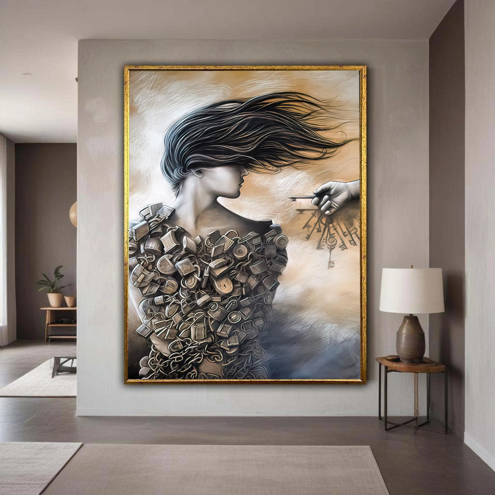 Surreal Woman with Locks and Keys Canvas, Abstract Figurative Art, Metaphorical Wall Decor, Modern Home Decoration, Gift Art, Home Decor