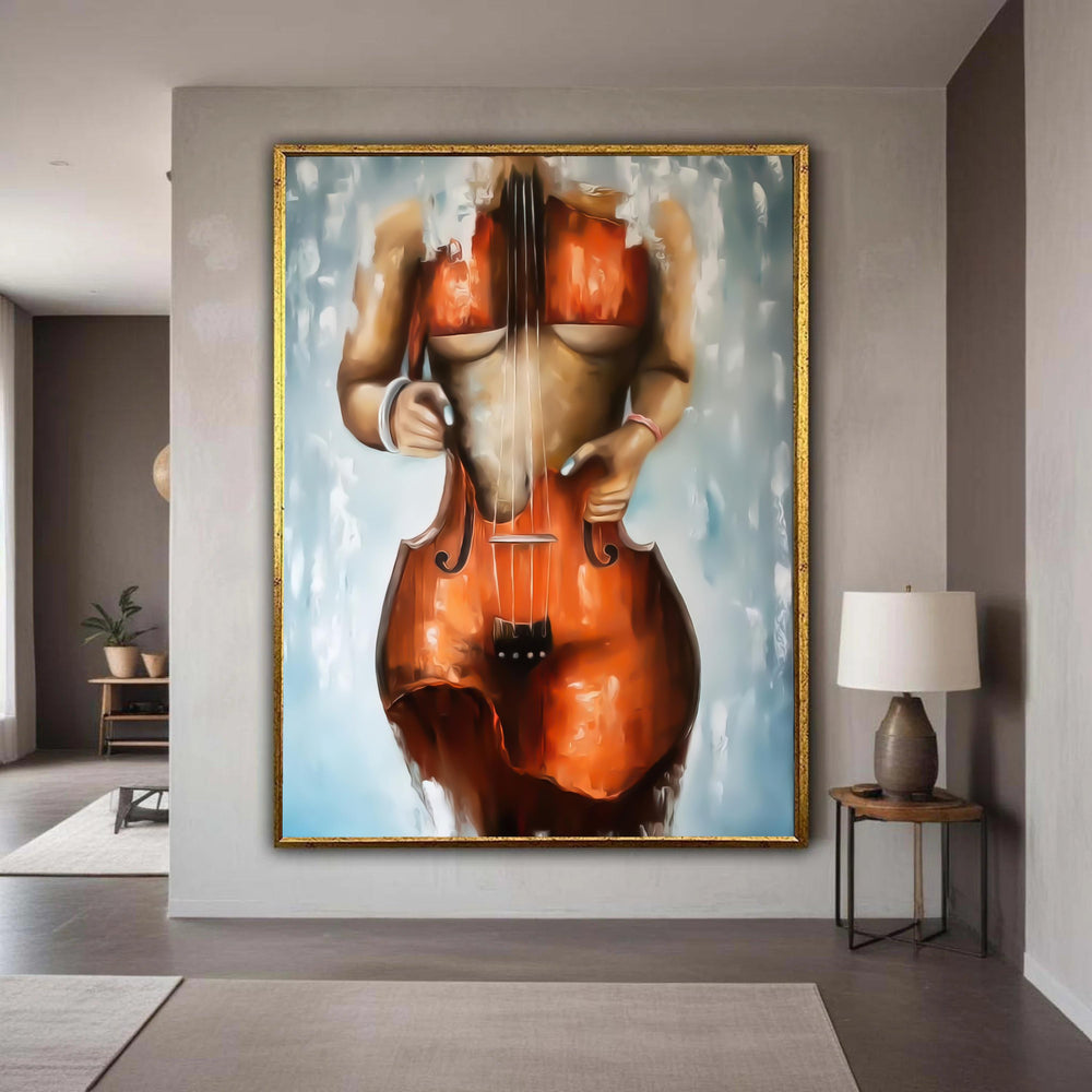 Abstract Female Figure with Violin Canvas Wall Art, Artistic Musical Instrument Painting, Modern Body Art Canvas, Gift Art, Home Decor
