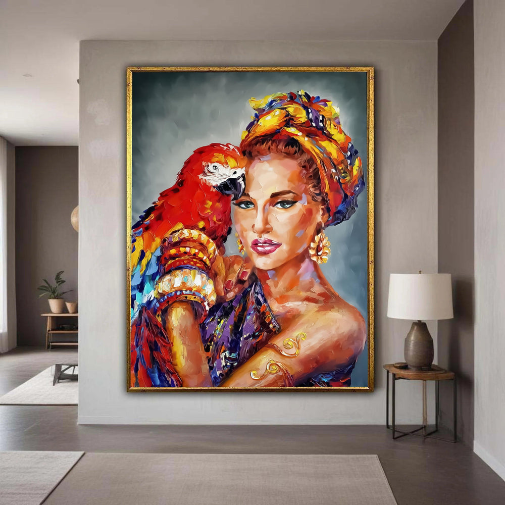 Vibrant Woman with Macaw Parrot Canvas, Tropical Bird Artwork, Colorful Afrostyle Portrait, Exotic Wall Art, Ready to Gift Art, Home Decor