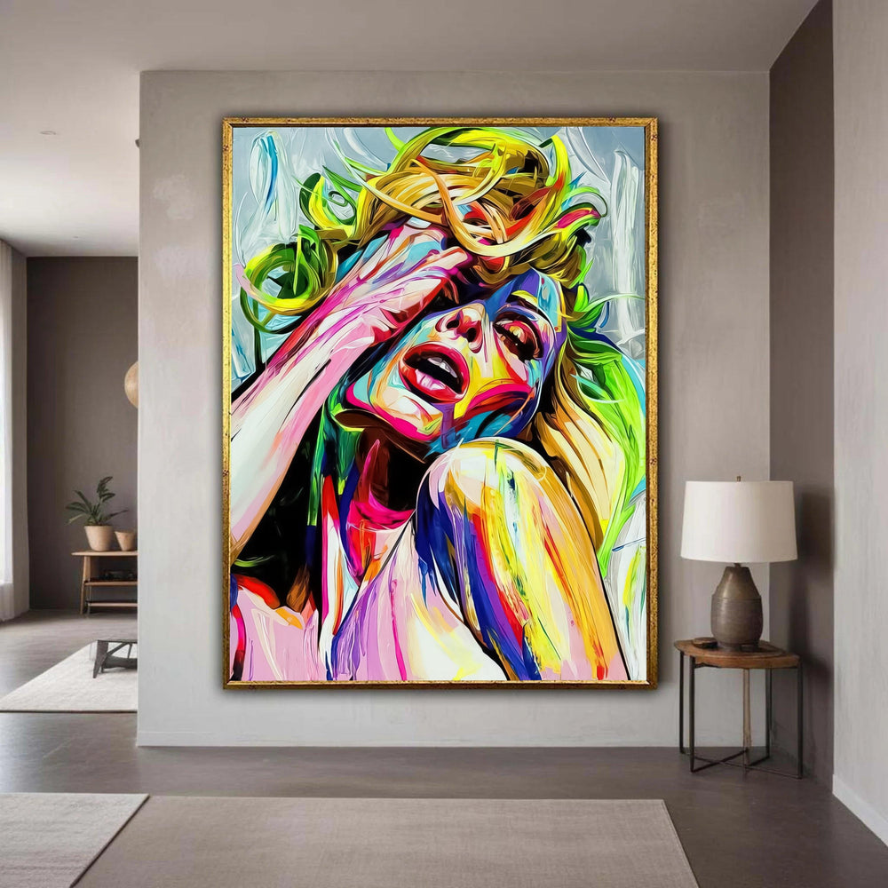 Vibrant Colorful Female Portrait Canvas, Pop Art Wall Decor, Abstract Expressionism Canvas, Modern Artistic Face Gift Art, Home Decor