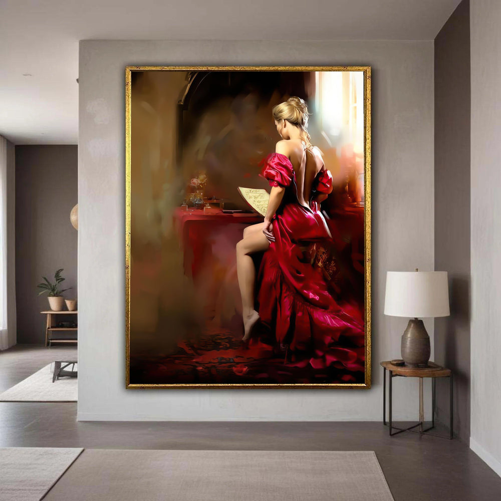 Elegant Woman in Red Dress Canvas, Romantic Vintage Portrait, Classic Beauty Wall Art, Luxurious Home Decor, Artistic Gift Art, Home Decor