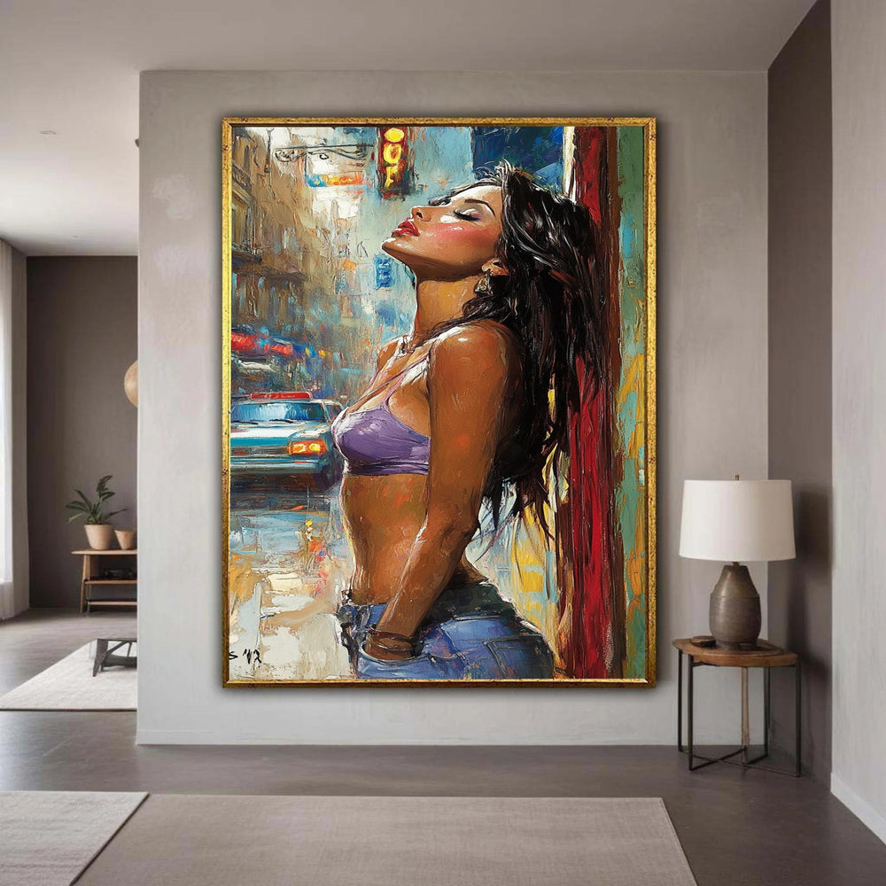 Urban Woman Portrait Canvas Wall Art, Modern Female Figure Painting, City Street Scene Canvas, Contemporary Gift Art, Home Decor